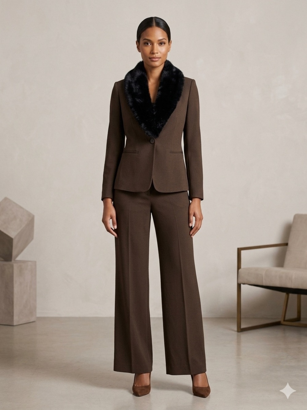 Amanda Smith Vintage Y2K Pantsuit NWT Size 4P Chocolate Brown Wide Leg Faux Fur